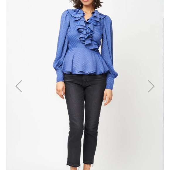 Checkered Blue Ruffled Wrap Blouse - Picture 2 of 5